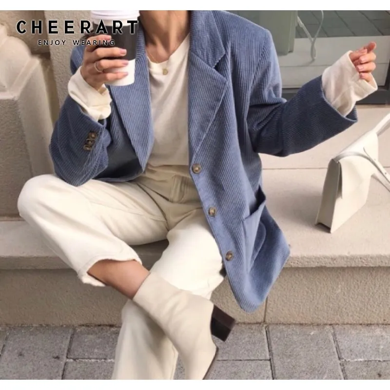 CHEERART вельветовый Блейзер стеганый синий Повседневный Блейзер и куртки для женщин хаки твидовый Теплый Женский блейзер Корейская одежда