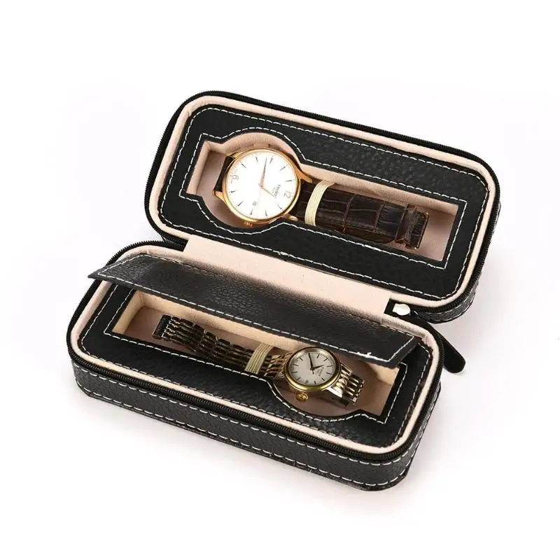 

2 Grids PU Leather Travel Watch Storage Case Zipper Wristwatch Box Organizer