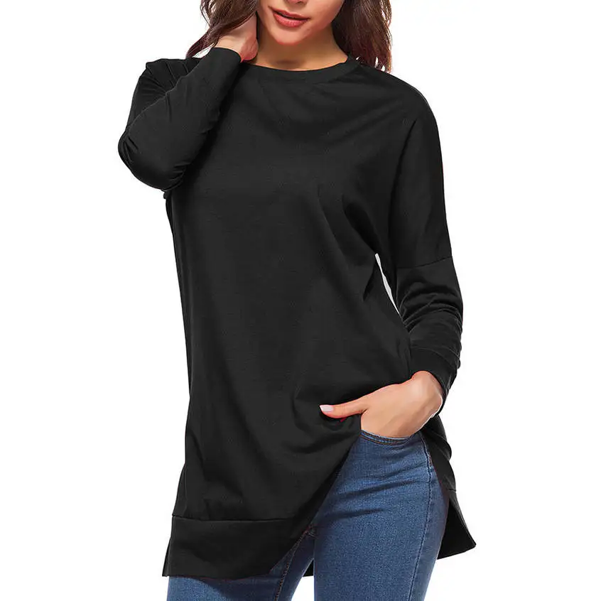 

Long T-shirt woman with long sleeves, short front and back, long opening and fork