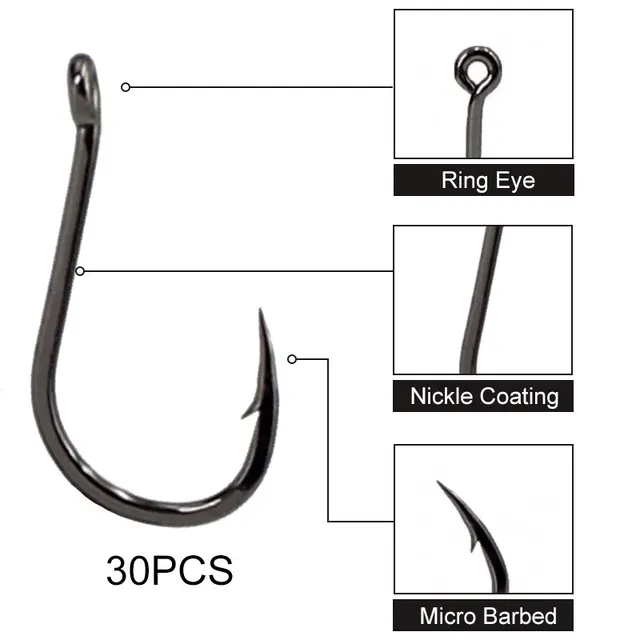 30PCS Carp Fishing Hooks Barbed Nickel Coated Feeder Hook Short curved  shank Ringed Right Bent Circle Fish hook for Chod Rigs