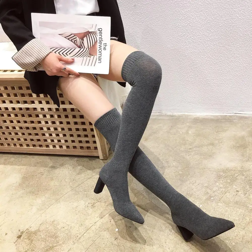Women High Heel Boots Women Sock Boots Over The Knee Pointed Toe Elastic Fabric Boots Woman Slip On Thick High Heels Stretch Woman Black Brown