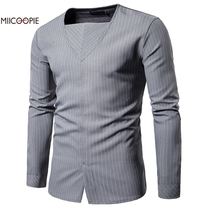 Casual Solid Long Sleeve Shirt Men Slim Fit Shirt Youth Fashion Mens Shirts Striped Square Neckline Shirt