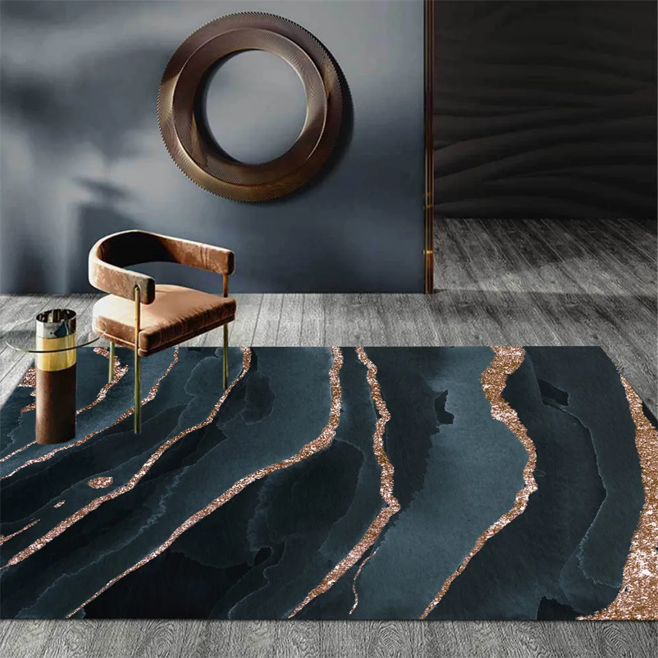 Gray Blue Black Marble Abstract Rug For Coffee Table Living Room Simple
