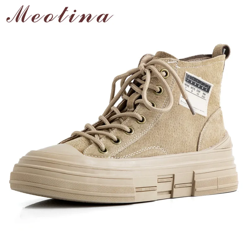 

Meotina Autumn Ankle Boots Women Pig Suede Flat Short Boots Real Leather Lace Up Round Toe Shoes Female Winter Black Size 35-39