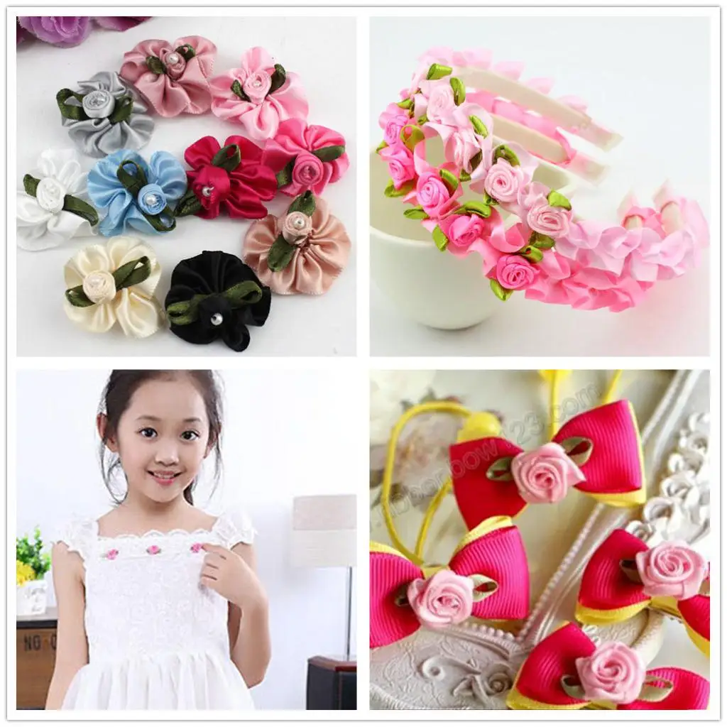 100 Pieces 15mm/0.59'' Flower Satin Ribbon Rose Buds Leaf Wedding Home Decor DIY Hairband Bow Sewing Crafts