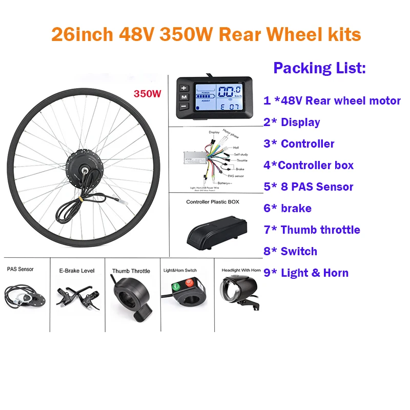 26 inch 48v Rear Конверсионные комплекты для электровелосипеда 36 В/48 в 350 Вт, комплекты для передних и задних колес, бесщеточный мотор-ступица - Цвет: 26 inch 48v Rear