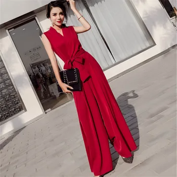 

2019 Women Fashion Summer Korean Style V-neck Office Ladies Wide Leg Rompers Solid Color Elegant Party Long Jumpsuits With Belt
