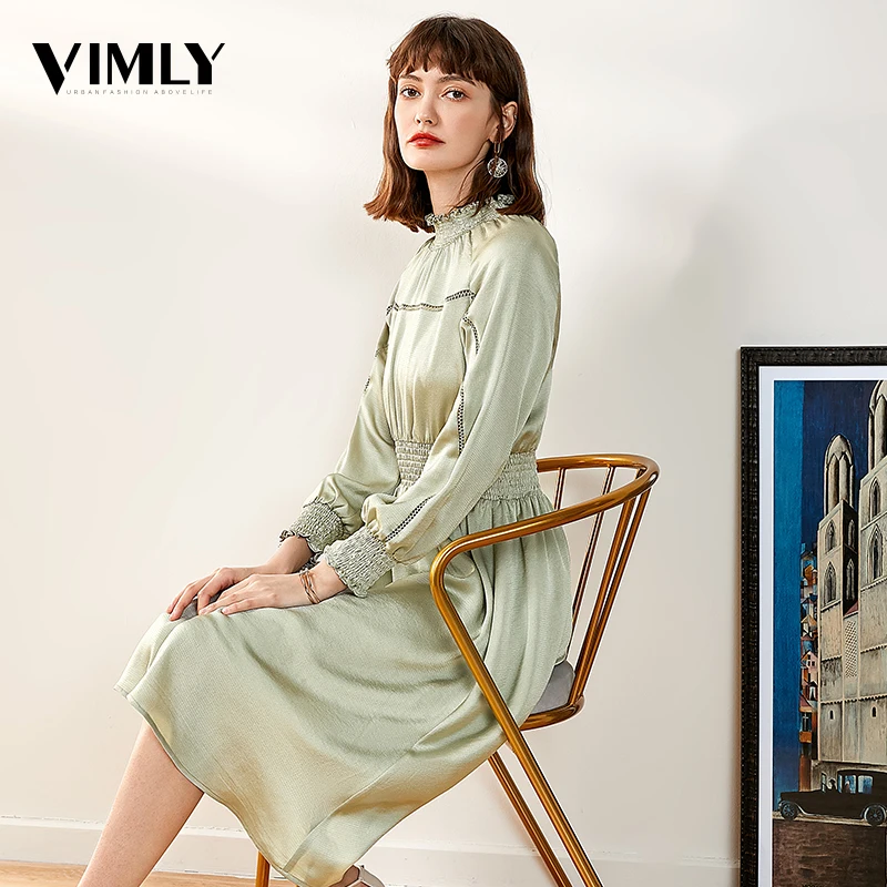 Vimly женское элегантное атласное зеленое платье офисное платье-фонарик с длинным