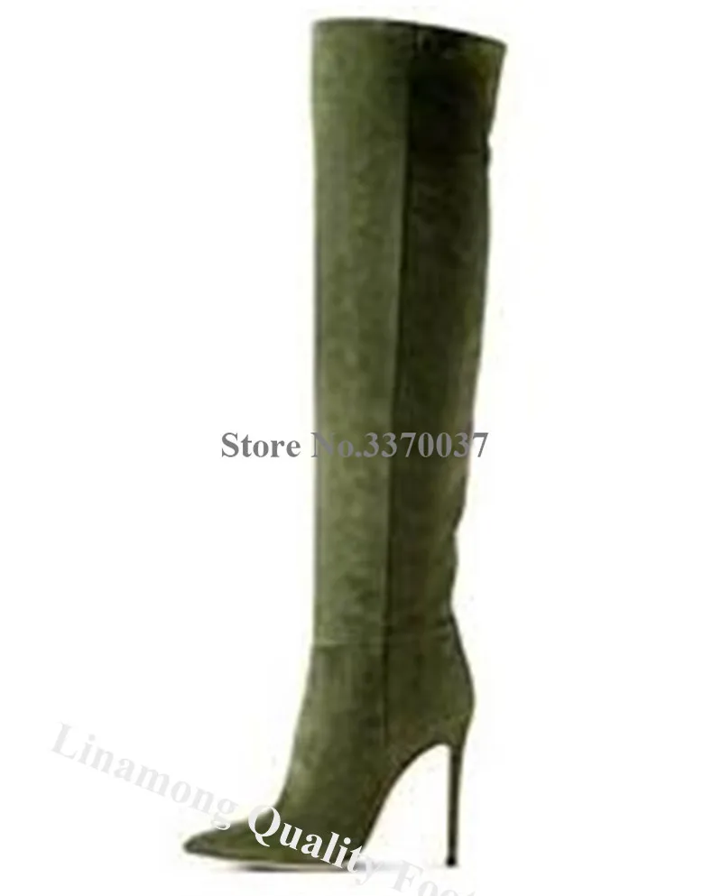 Лидирующий бренд; женские замшевые сапоги до колена на высоком каблуке-шпильке с острым носком; ботинки на высоком каблуке в армейском и зеленом цвете; пикантные модельные туфли на каблуке