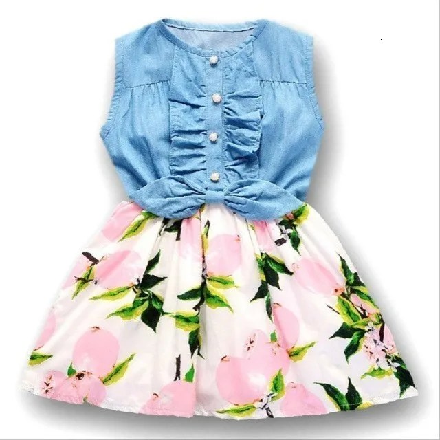 Платье для девочек, хлопковая джинсовая детская одежда с длинными рукавами и цветочным принтом, платье для девочек с вышитым рисунком, От 3 до 7 лет