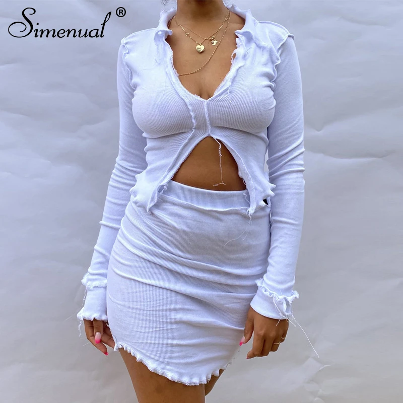 Simenual Ribbed V Neck Fashion Bodycon Matching Sets Women Long Sleeve Club Party Sexy Two Piece Outfits Solid Top And Skirt Set Simenual Ribbed V Neck Fashion Bodycon Matching Sets Women Long Sleeve Club Party Sexy Two Piece Outfits Solid Top And Skirt Set