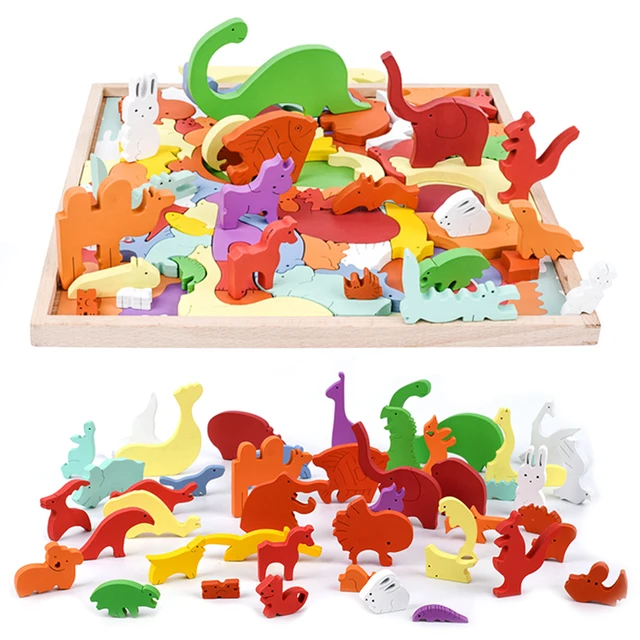 Wooden Animal Blocks 3D Jigsaw Puzzle Baby Toys Animal Shaped Pieces Wooden Puzzle Montessori Educational Stacking Matching Game 1