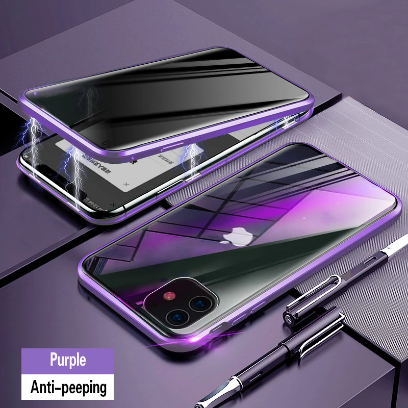 Магнитный чехол из закаленного стекла для iphone 11 Pro MAX X XS XR 8 7 6 6s plus, Защитный металлический чехол с защитой на 360 ° - Цвет: Purple