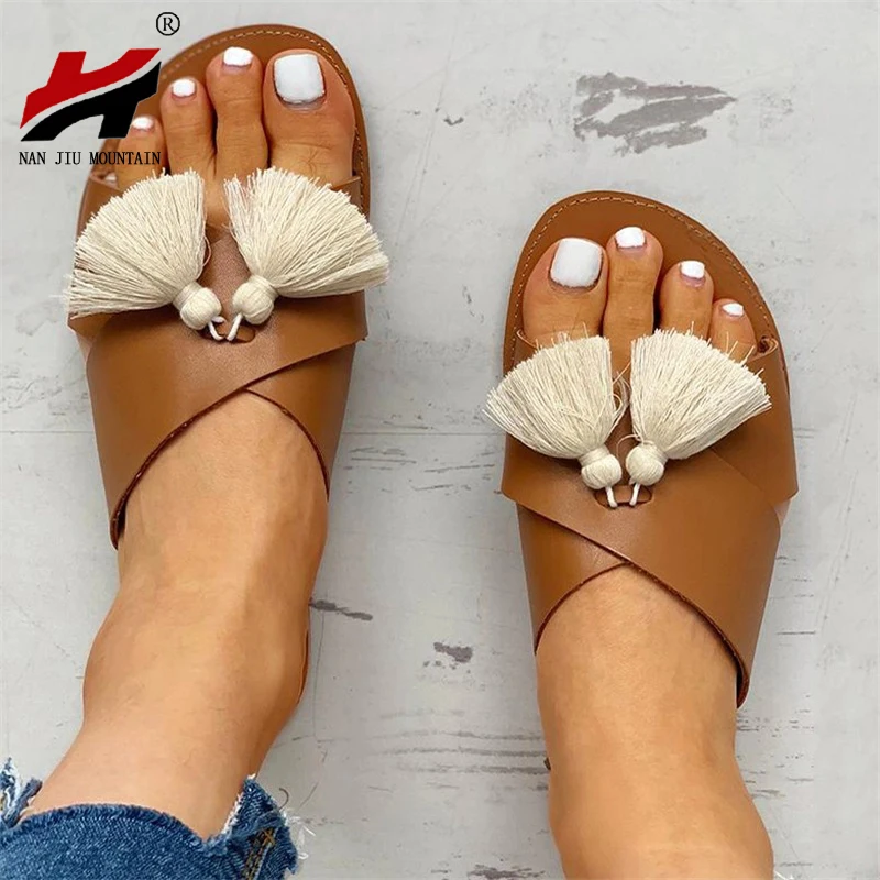 

NAN JIU MOUNTAIN Women Tassel Ethnic Slippers Simple Comfortable Flat Slippers Summer Open Toe Sandals Plus Size Woman Shoes