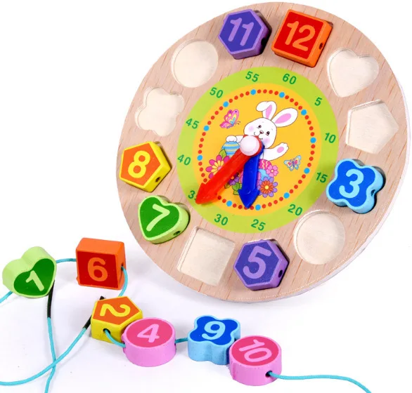 Wooden Threading with Numbers Clock Geometric Shapes Matching Building Blocks Children'S Educational Hand Clock ENLIGHTEN Toy