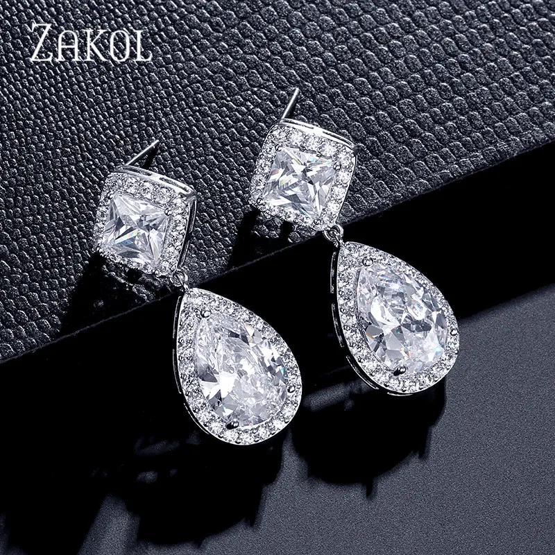 White ZAKOL, дизайн, модные, квадратные, каплевидные, прозрачные, висячие серьги, медь, кубический цирконий, для женщин, девушек, вечерние, для работы, туризма, FSEP2162 - Окраска металла: White