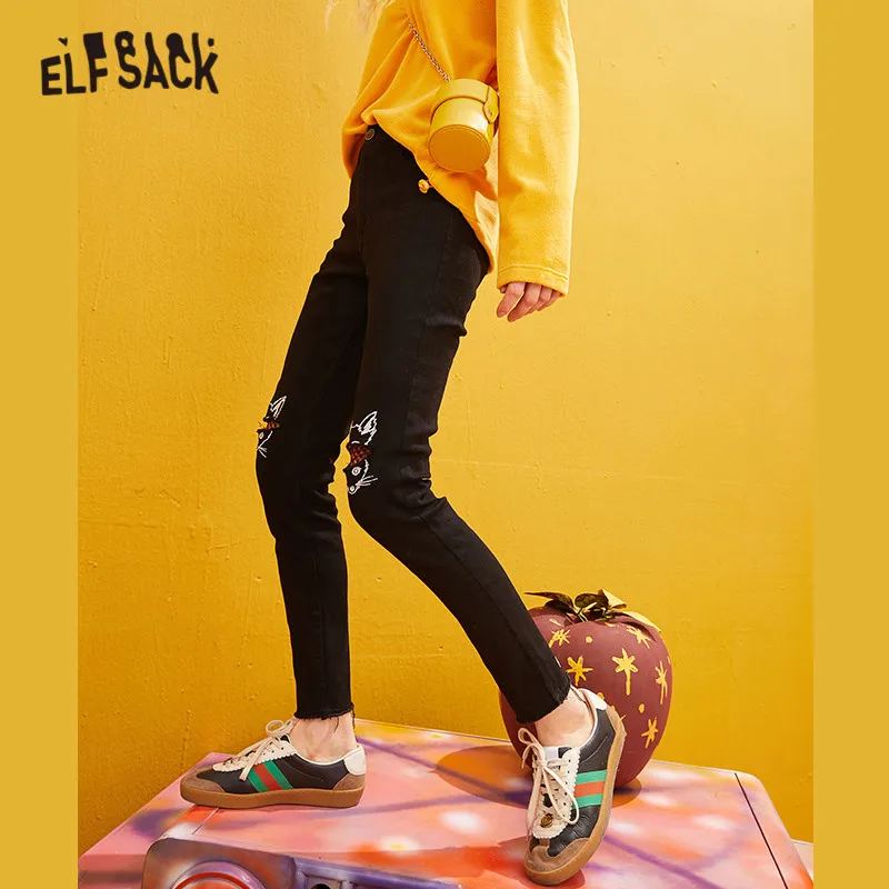ELFSACK, черные, одноцветные, с вышивкой лисы, повседневные джинсы для женщин, зима, новые, чистые, рваные, обтягивающие, офисные, для девушек, базовые штаны для ежедневной носки