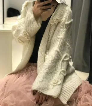 

2019 Spring Fall Women Long Sleeve Loose Knitted Cardigans Floral Female Japanese Preppy Sweet Flower Sweaters Cardigans