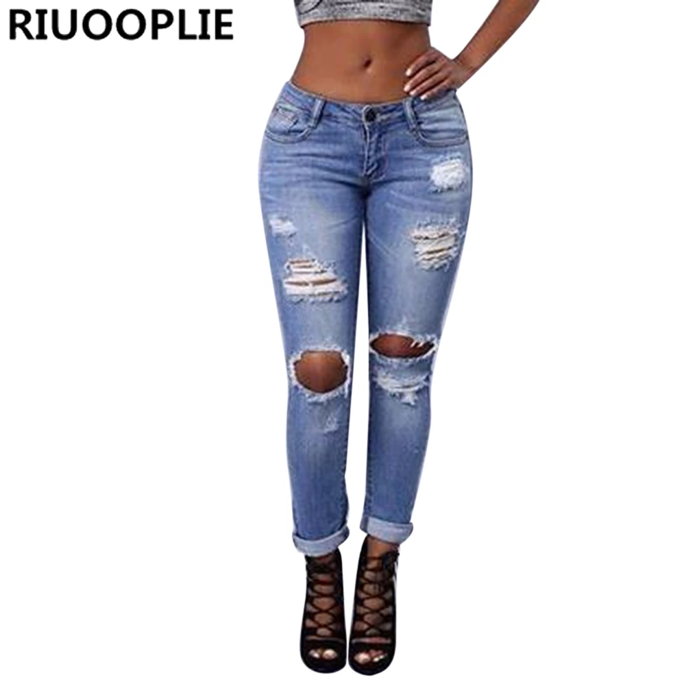 RIUOOPLIE, новинка, лето, Осень, модные, женские, тянущиеся, Дырявые, бойфренд, узкие брюки, ноги, брюки, повседневные, длинные джинсы, эластичные, повседневные джинсы
