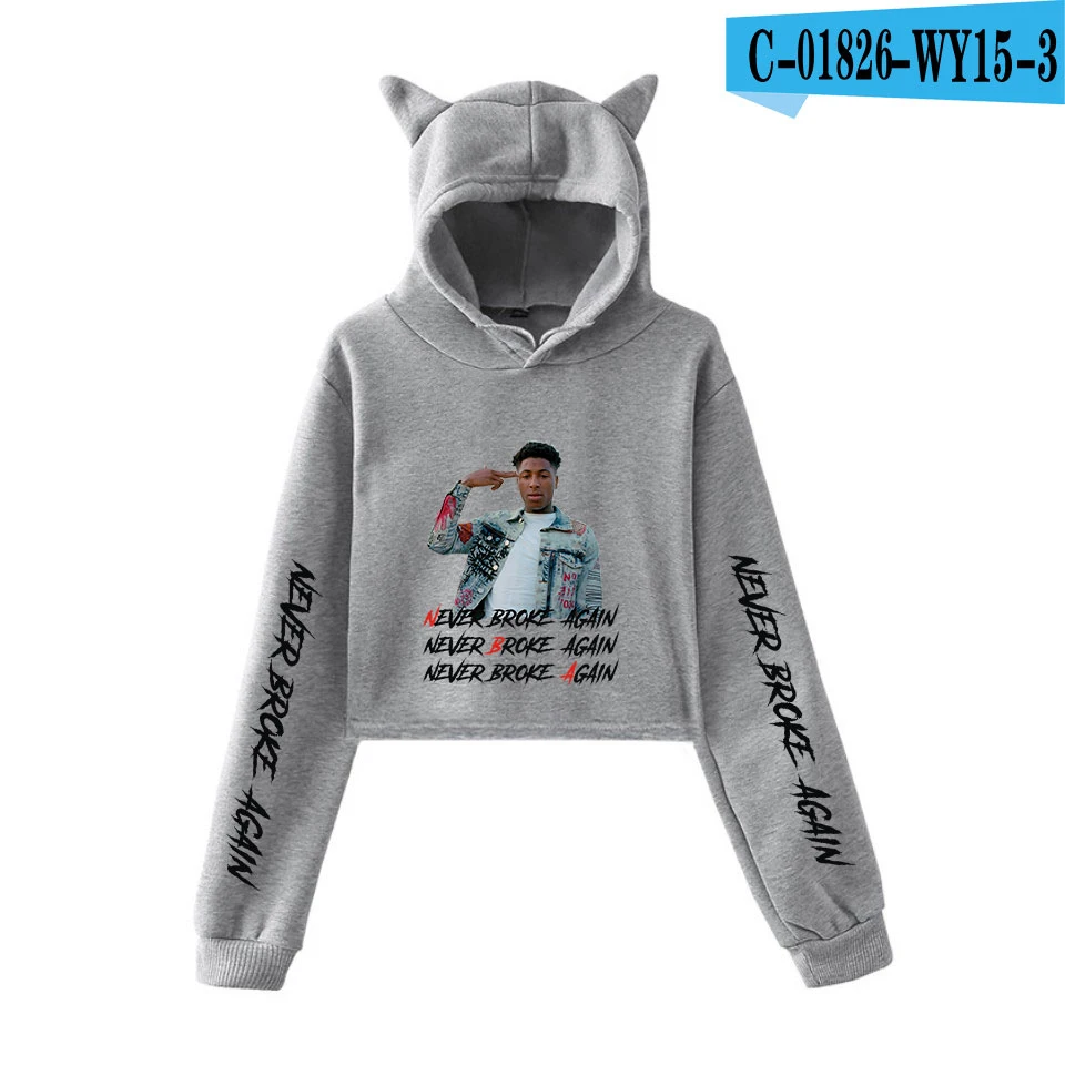 YoungBoy Never Broke agne хлопковая толстовка Kawaii с капюшоном для девочек, женский модный пуловер, короткая рубашка, новая толстовка с кошачьими ушками - Цвет: Gray