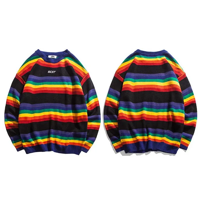 2021 New Harajuku Retro Rainbow Knitted Striped Sweater Mens Hip Hop Sweater Streetwear Men Fashion Autumn Sweater Cotton men's hooded sweaters Sweaters