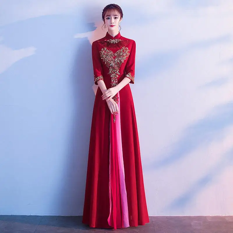Темно-синее вечернее платье-Макси Сексуальное Женское Qiapo оверсайз 3XL 4XL Robe De Soiree Perspective Bling Новинка китайские Выпускные платья - Цвет: Red A