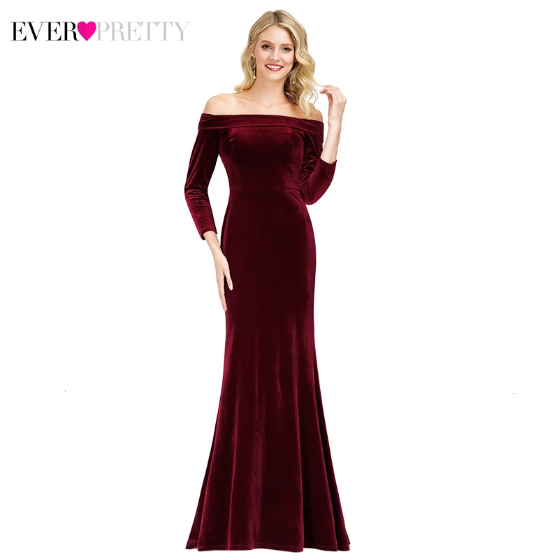 Burgundy Mermaid Evening Dresses Ever Pretty Off The Shoulder 3/4 Sleeve Sexy Autumn Winter Velour Formal Gowns Abendkleider