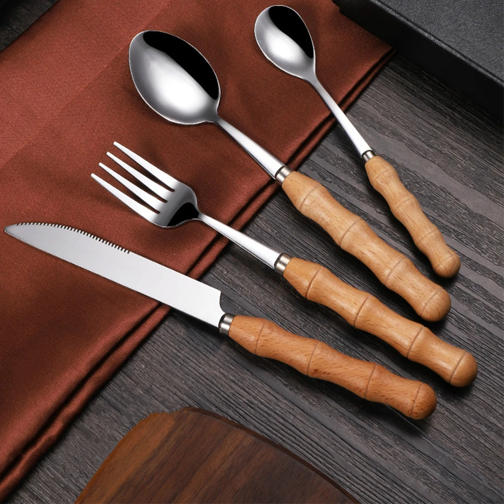 4PCS/Set Stainless Steel Tableware Set Cutlery Wooden Handle Knife Fork Spoon Western Steak Knife Tableware Kitchen Tools