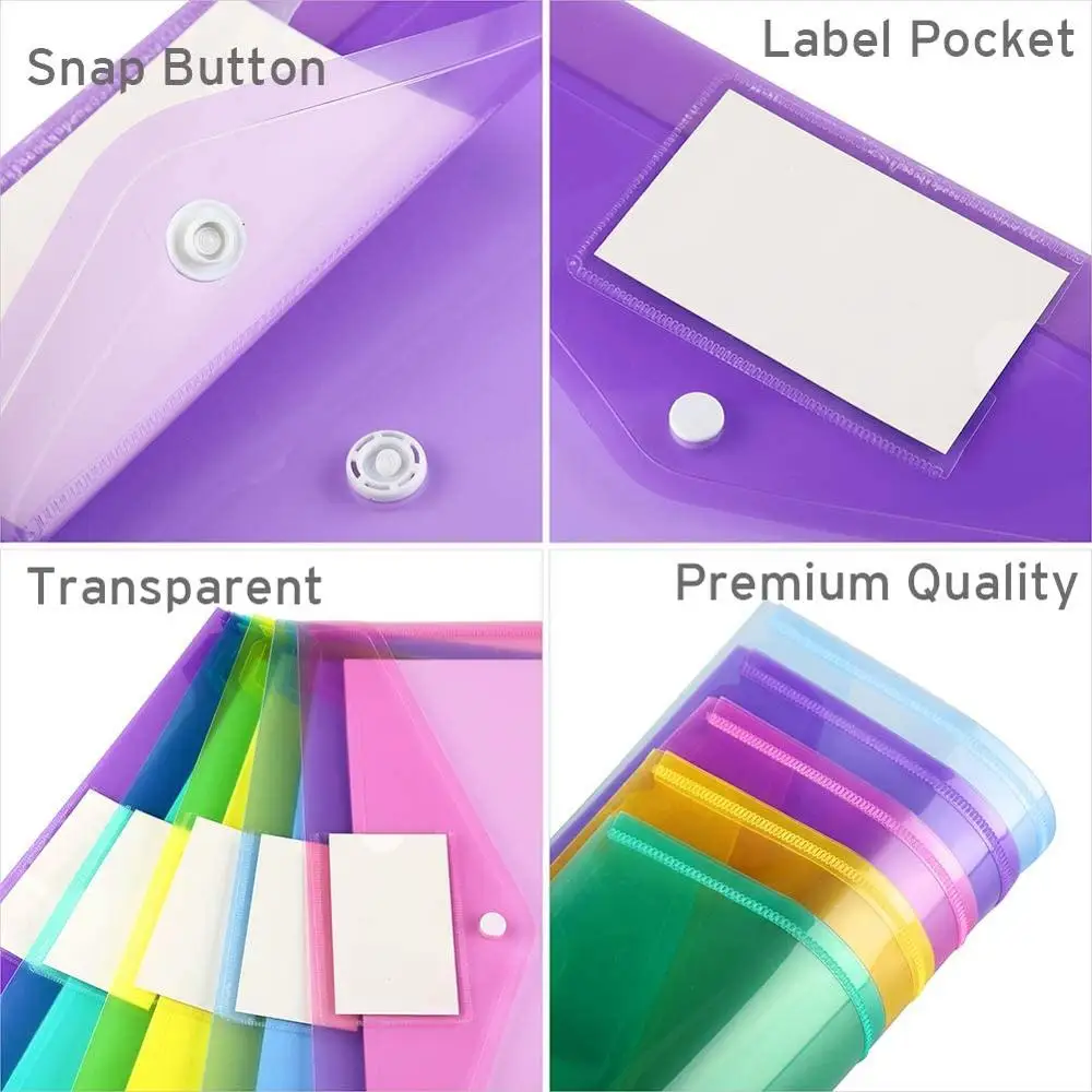 5pcs A4 Size Plastic Envelopes Clear Document File Envelope Folders with Label Pocket & Snap for School Home Office Supplies