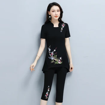 

2020 Womens New Summer Two-piece Fashion Flower Embroidery Top + Casual Pants 2 Piece Female pure Cotton Plus size Outfit