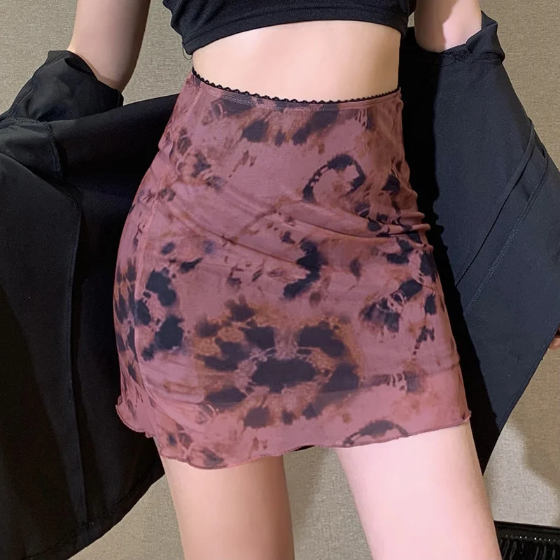 Women's Skirt Floral Print Mesh Double Layer High-waisted Mini Skirts 2025 New Summer Streetwear Club Boydcon Vintage Y2K Skirt