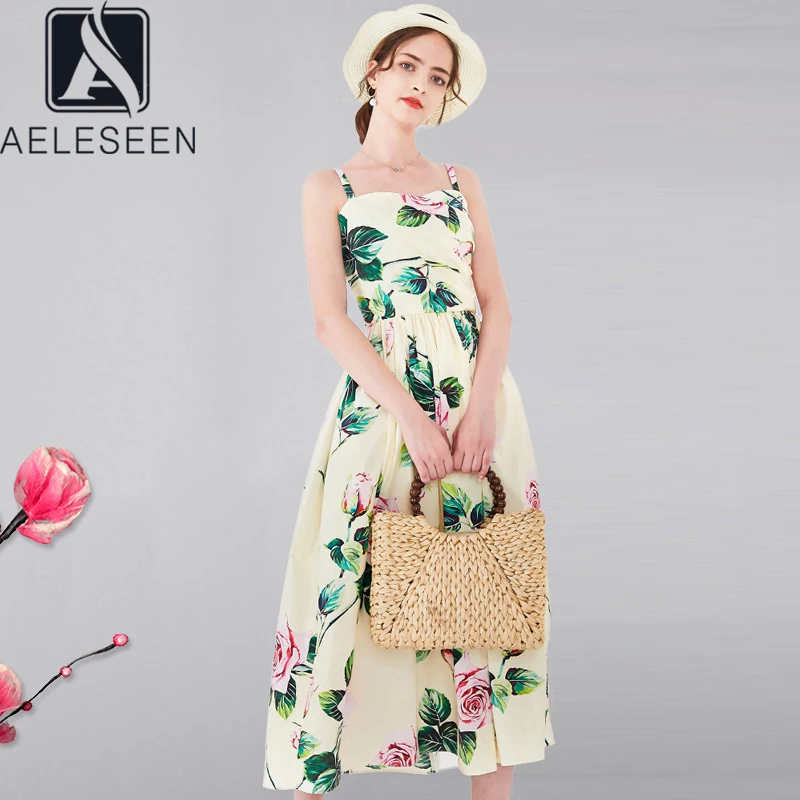 AELESEEN, летнее модное подиумное Хлопковое платье,, женское платье на тонких бретельках, с принтом розы, Драпированное, вечерние, Пляжное, миди платье, Vestidos