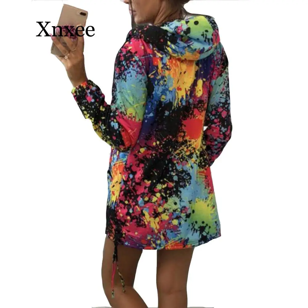 Plus Size Autumn Winter Women Jackets Tie Dyeing Zipper Fashion Hooded Long Sleeve Pocket Casual Slim Jackets thin rainbow