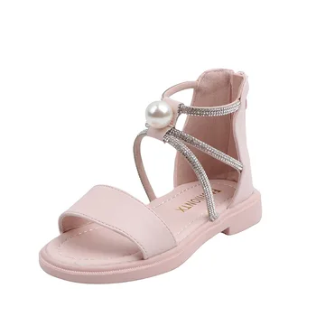 

Summer Girls Princess Pearl Beach Sandals Casual Rhinestone Gladiator Soft Children's Wild Flats For Medium Big Kids Beach Shoes