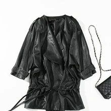 Новинка весны, натуральная кожа, овечья кожа, уличный стиль, большой размер, средний, с отворотом, на шнурке, Свободное пальто