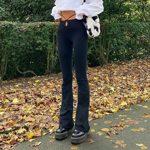 FSDA – pantalon Long noir pour femme, décontracté, taille haute, découpe, style Harajuku, bas à bandes, mode automne hiver 2021