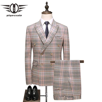 

Plyesxale Plaid Men Suit Double Breasted Wedding 2020 Tuxedo Groom Formal Mens 3 Pieces Plus Size 5XL Khaki Male Suits Q1049