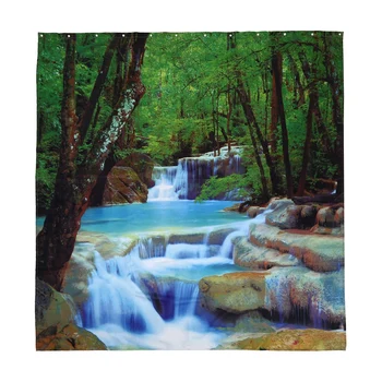 

3D Waterfall Scenery Waterproof Shower Curtain Bathroom Products Creative Polyester Bath Curtain with 12 Hooks