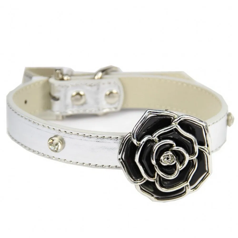 Silver Rhinestone Rose Pet Dog Collars Adjustable PU Leather Puppy Cat Collar Necklace For Small Medium Big Dogs Leash XS-L - Цвет: Silver