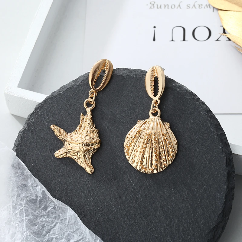 

Korean Fashion Statement Conch Shell Summer Beach Unique Asymmetrical Gold Big Dangle Drop Earrings For Women Oorbellen Brincos