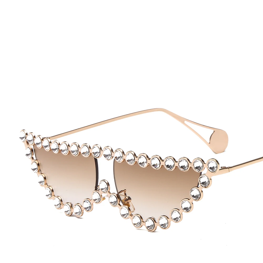 Маленькие солнцезащитные очки кошачий глаз женские горный хрусталь кристалл крошечные алмазные солнцезащитные очки для женщин трендовые Oculos De Sol Feminino UV400 - Цвет линз: C3gold tea
