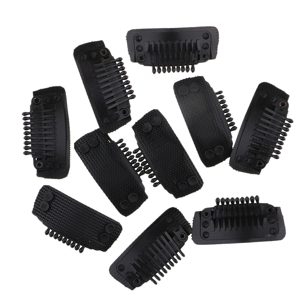 10pcs Large 9 Teeth Snap Clips For Feather Hair Extensions Wigs Weft- Black/White