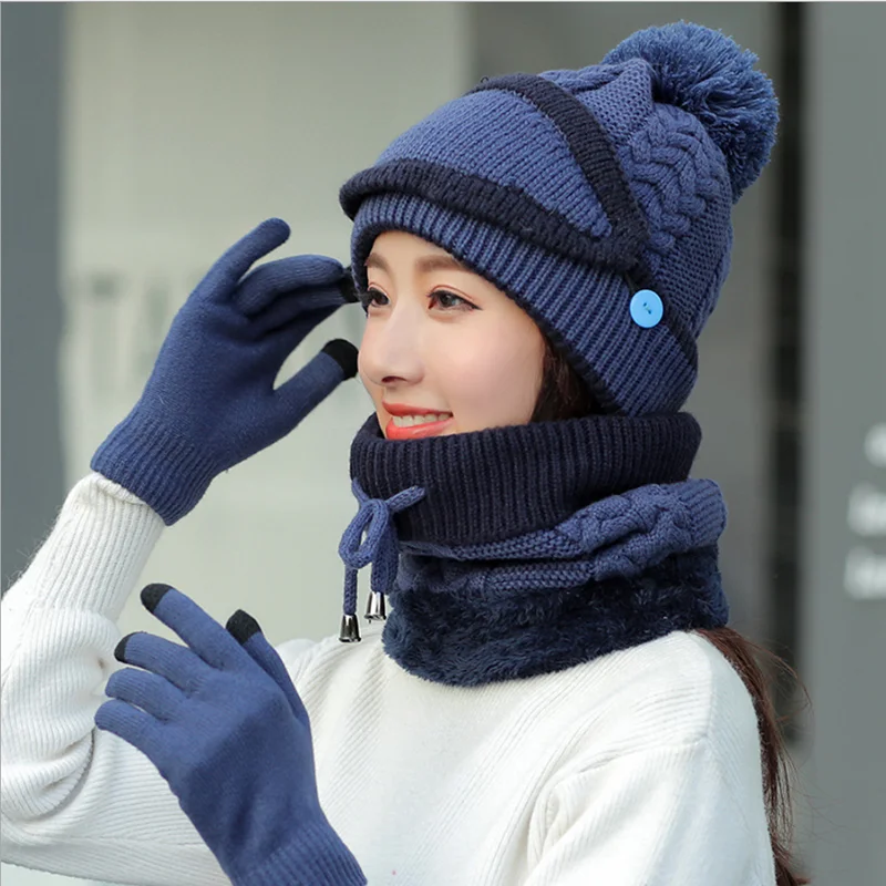 navy -glove hat set 1 шт., шапка, набор перчаток, повседневные шапочки для мужчин и женщин, теплая вязаная зимняя шапка, модная однотонная унисекс шапка бини, шапка - Цвет: navy -glove hat set