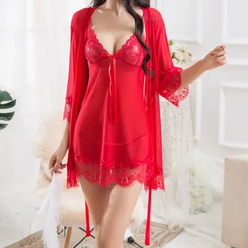

Sexy Women Wireless Rimless Sleepwear V-neck Lace Temptation Nightdress Silk Underwear For Female Plus Size Sleepwear S-3XL