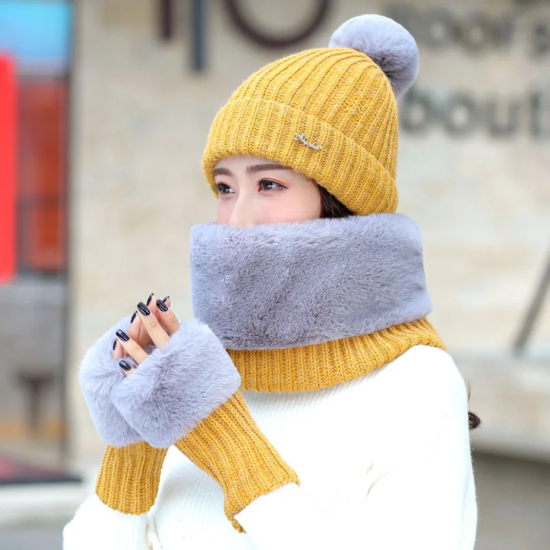 Fashion Cotton Velvet 3PC Women Hat Scarf Glove Sets Autumn Winter Lady