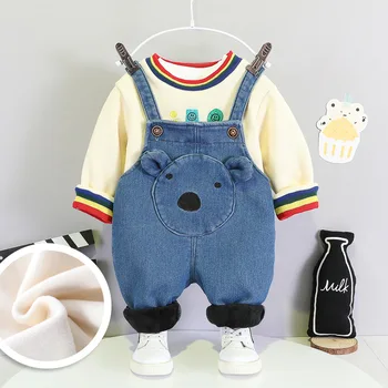 

HYLKIDHUOSE Winter Baby Girls Boys Clothing Sets Toddler Infant Warm Plush Tops Overalls Children Outdoor Clothes Kids Costume