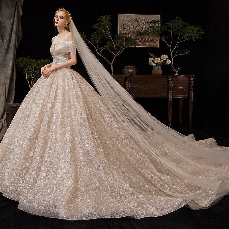 SSYFashion Новое высококачественное свадебное платье для невесты, роскошное блестящее платье с вырезом лодочкой, свадебное платье со шлейфом, Vestido De Novia