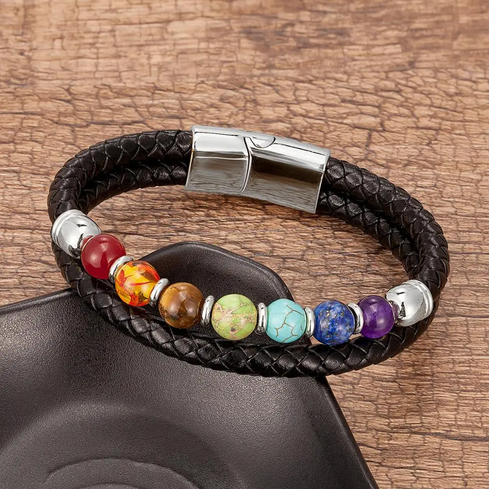 Bracelet Jewelry Chakra Men Bracelet 7 Color Natural Yoga Healing Stone Beads Bracelets Black Genuine Leather