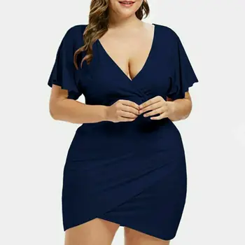

Women's Solid Short Plus Size Sleeve Casual Mini Dress Summer Paddy Dress V-Neck