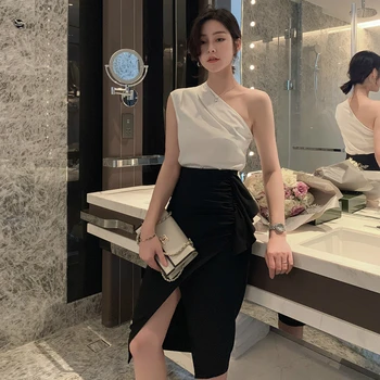 

2020 Summer Casual Elegant Two Piece Set Women Sleeveless Sheer One Shoulder Shirt and Midi Black Skirt Ladies 2 Piece Set